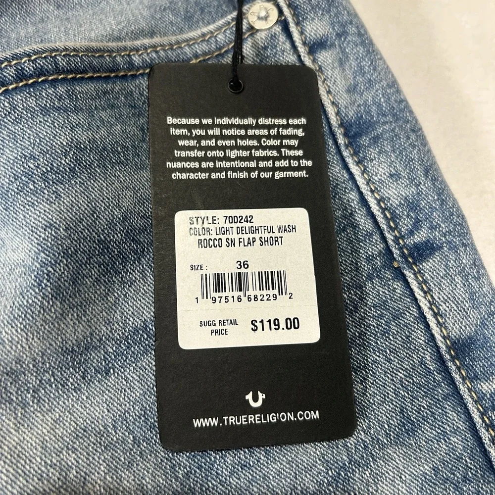 NWT True Religion Mens Rocco SN Flap Shorts Light Wash Size 36 Relaxed‎ Skinny